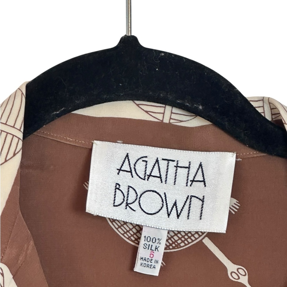 Agatha Brown 100% Silk‎ Button Blouse Chest Pockets Vintage Turtle Print Size 6 - Picture 2 of 4